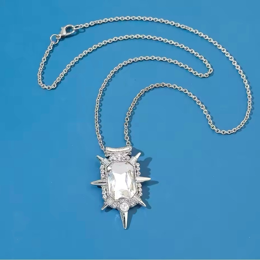 Silver Tone Spike Rhinestone Spiked Medallion Punk Goth Pendant Necklace